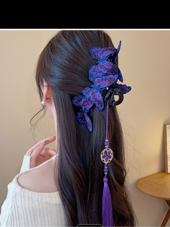 Accessories - Purple Embroidered Butterfly Hair Claw Clip, Tassel Alloy Hollow Flower Pendant